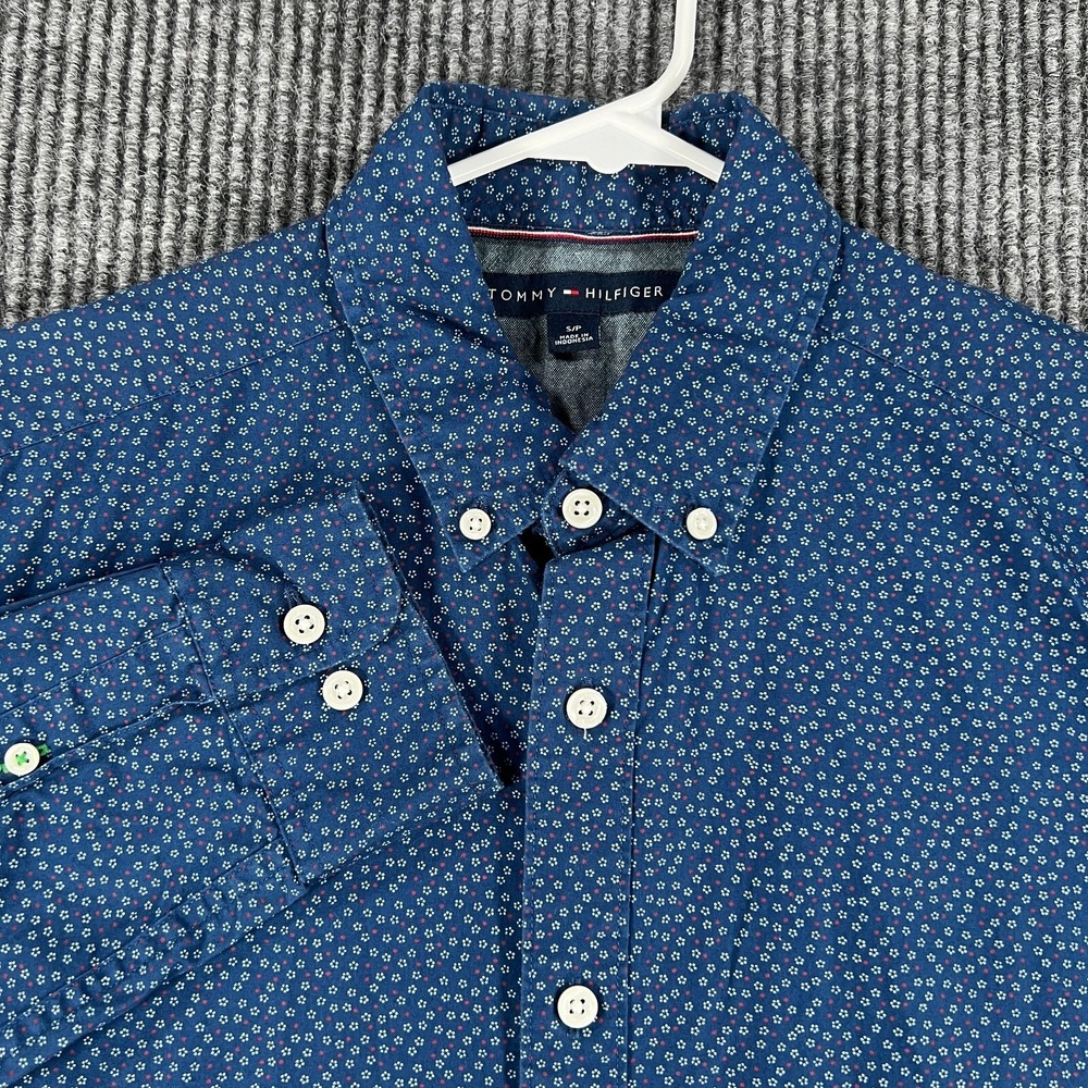 Tommy Hilfiger Mens Shirt Small Blue Long Sleeve Geometric Button Down Casual